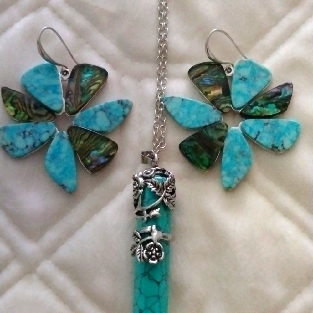 RLM SS Turquoise & Abalone genuine stones dangle earrings